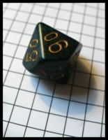 Dice : Dice - 10D - Single Percentage 10s Rounded Solid Black and Green Speckles With Gold Numerals